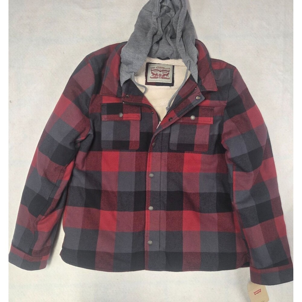 Levi's Jacket Mens L Red Plaid Full Zip Shell: NWT Hooded